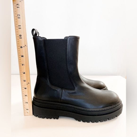 New Good American Black Leather Pull On Platform Boots - Picture 9 of 13